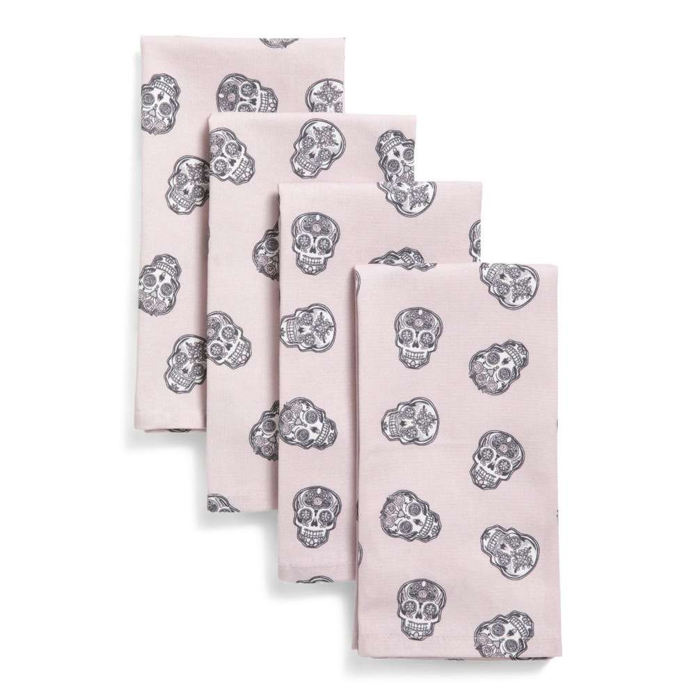 CUPCAKES AND CASHMERE Set of 4 Rose Pink Skull Pattern Napkins 18x18 Halloween